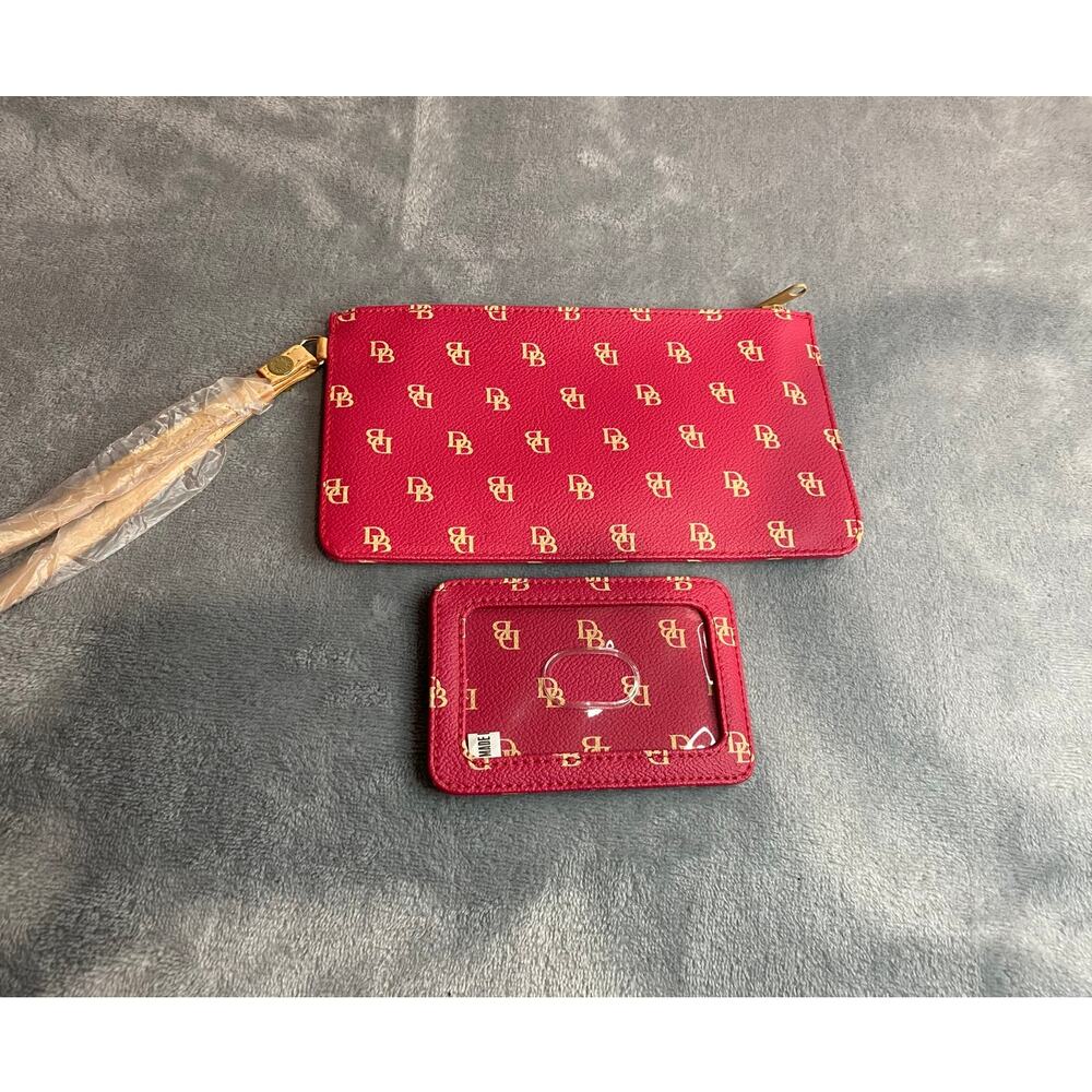 Dooney & Bourke Wristlet Pouch Set Red Tan Leather Small Casual Preppy NWOT